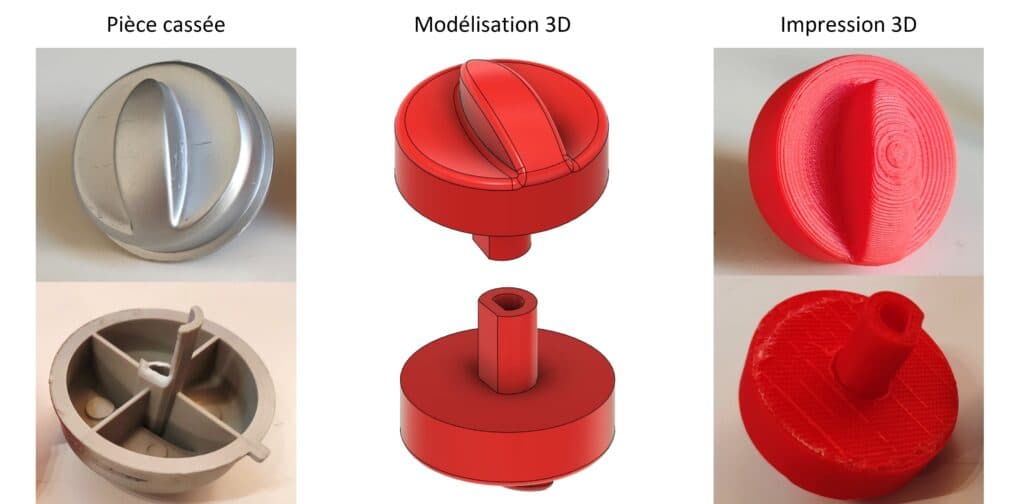 Réparation d’un bouton de radiateur : pièce cassée, modèle numérique rouge puis pièce imprimée avec ses couches visibles