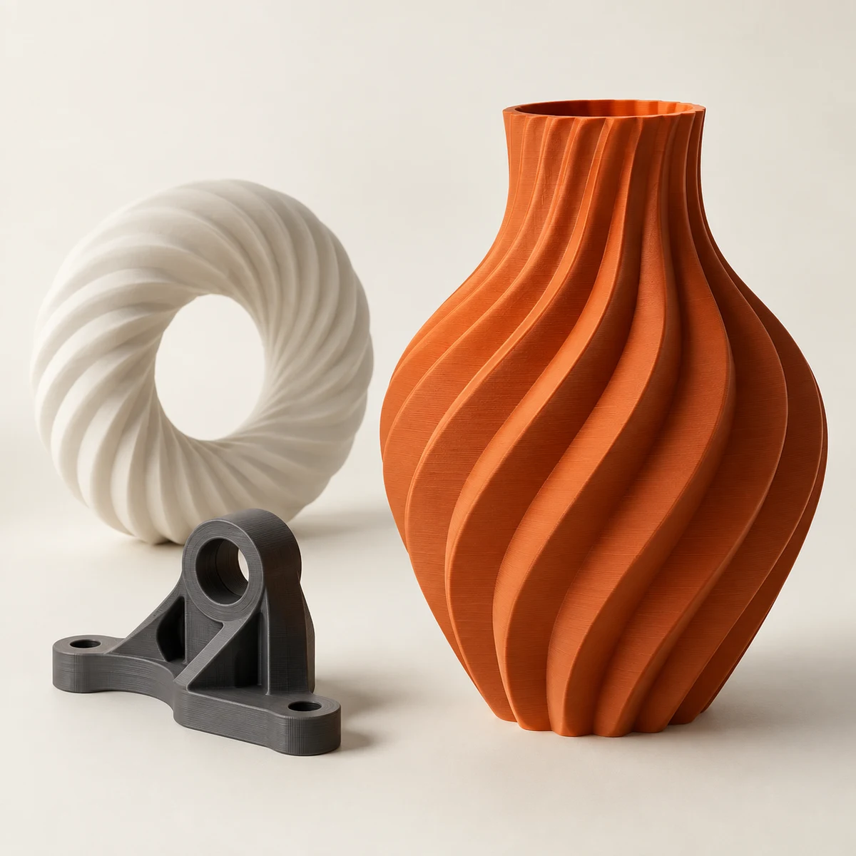 Objets décoratifs imprimés en 3D : vase orange et sculpture blanche
